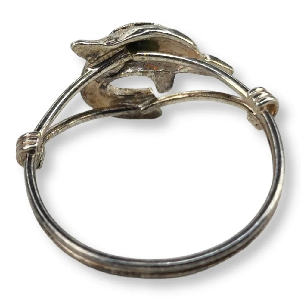 Tiny Vintage Sterling Silver 925 Green Stone‎ Dolphin Ring Size 4.5